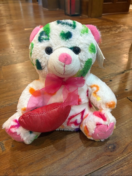Other - Multicolor Heart-Print Plush Teddy Bear with Pink Bow and Red Heart